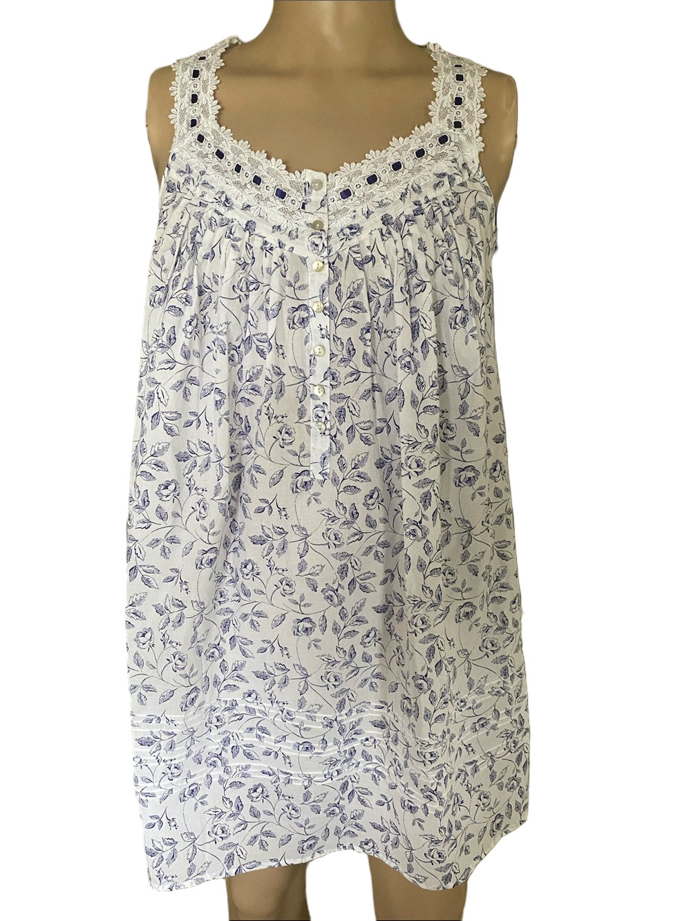 Eileen West White Nightgown with Blue Floral Lace Yoke